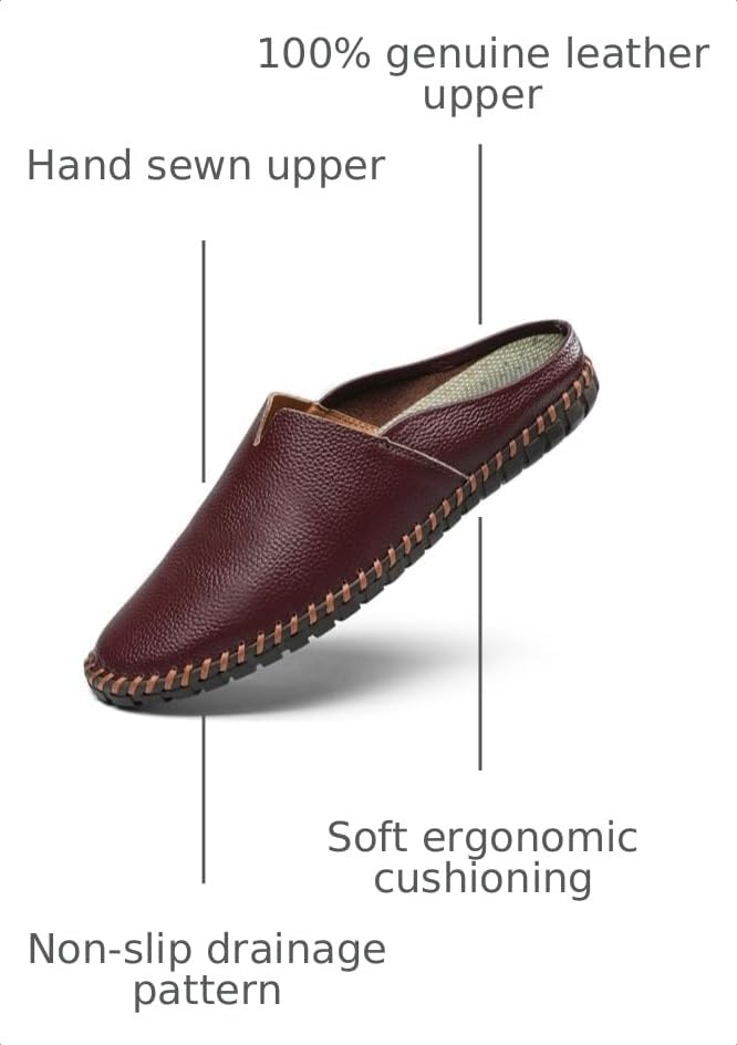 Image of Men's Slip-On Loafers Mules Clog Handmade Leather Slippers Hand Stitched no-Heel Casual Shoes for Men Breathable Comfortable Soft