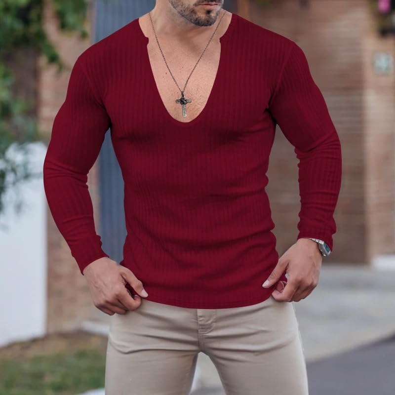 KELYWELL Mens Slim Fit Deep V Neck Knitted Sweater Texture Stretchy Ribbed Tops Slim Fit Pullover Sweater2