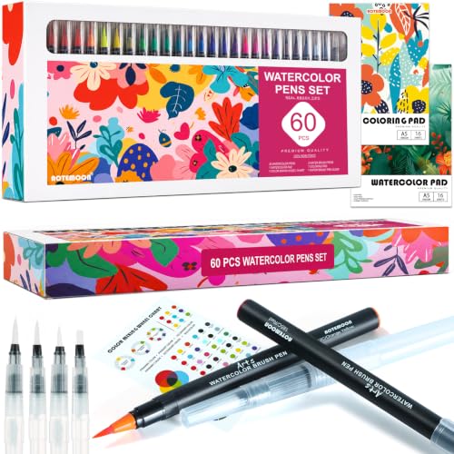 60 Watercolor Pens Set with Brush Tips and Pads