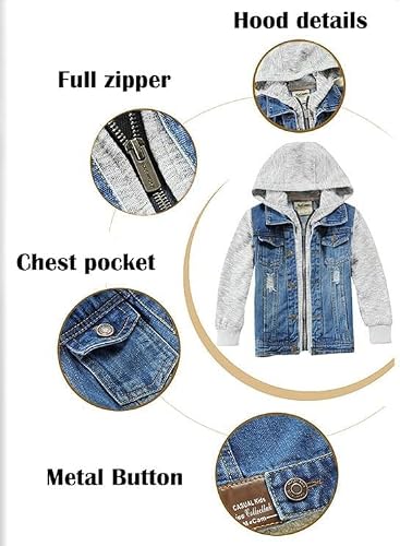 Mallimoda Kids Boys Girls Hooded Denim Jacket Zipper Coat Outerwear (11-12 Years, Style 7 Denim) - Thumbnail 7