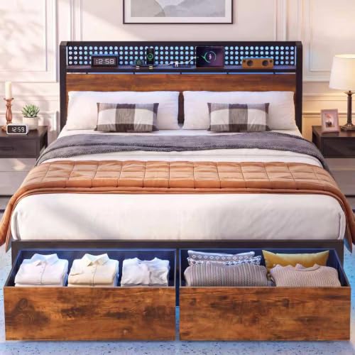 XKLOGER Queen Bed Frame with 2 Drawers, Platform Bed with LED Lights & Charging Station, Wood Headboard with Storage Shelve, Noise Free, Heavy Duty Metal Slats Support, No Box Spring Needed