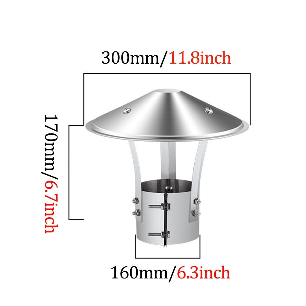 Kaminabdeckung Schornstein Regenhaube Schornsteinabdeckung Edelstahl 304 Kaminhaube Rund Schornsteinaufsatz Wetterfester Kaminaufsatz für Kamin und Ofen Ø75mm-315mm(160mm)