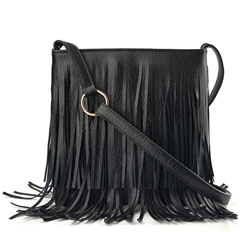 Hoxis Bolso de hombro con flecos brillantes para mujer, Black, Medium Cover