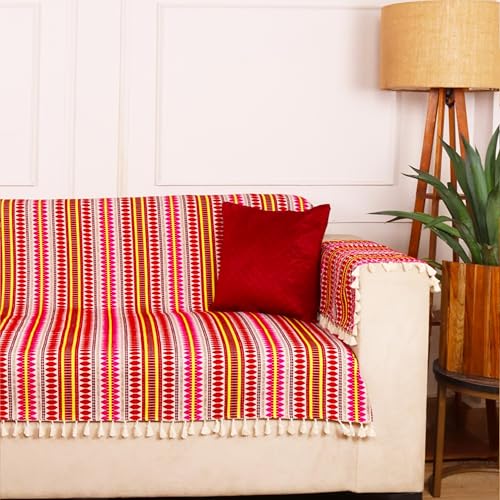 Image of STITCHNEST Woven 1 Seater Sofa Protector with 2 Hand Rest Covers - Red & White Stripe Design - Washable Fabric with Tassels - Stylish Sofa Cover for Modern Living Room & Furniture Decor