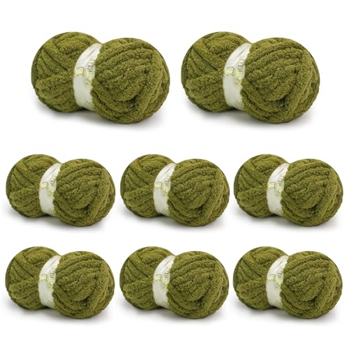 Image of Chunky Yarn for Hand Knitting, Chunky Chenille Blanket Yarn for Crocheting, Bulky Soft Fluffy Chenille for Blanket Project, 8 Pack of 8oz /25yds, Olive Green