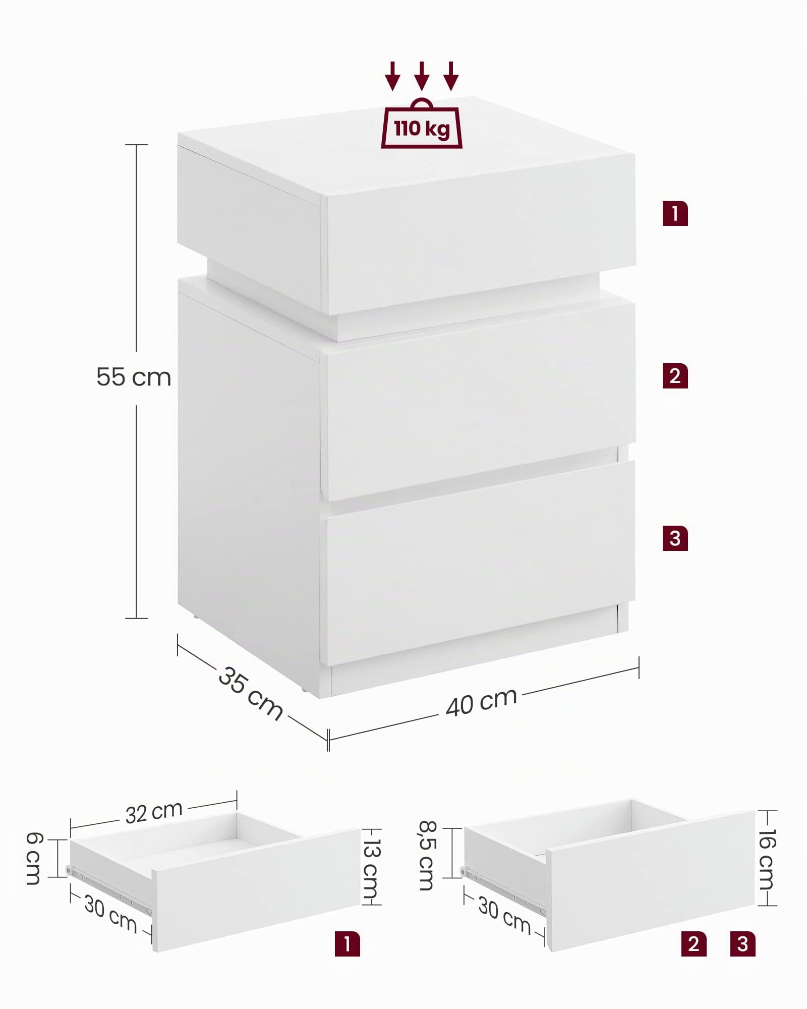 VASAGLE KAILYN Collezione - Set di 2 Comodini con Striscia Luminosa di Luci a LED Multicolore Variabile, 3 Cassetti, Tavolino in Stile Moderno, 35 x 40 x 55 cm, Bianco LET0830W01