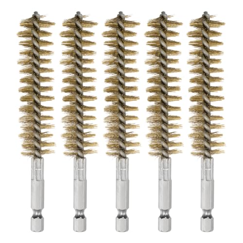 HARFINGTON 5Pcs Bore Brush Brass 19mm Dia Cleaning Twisted Bronze Wire Brush Tube Pipe Cleaner with Handle 1/4 Inch Hex Shank for Tubes, Ports, Bearings