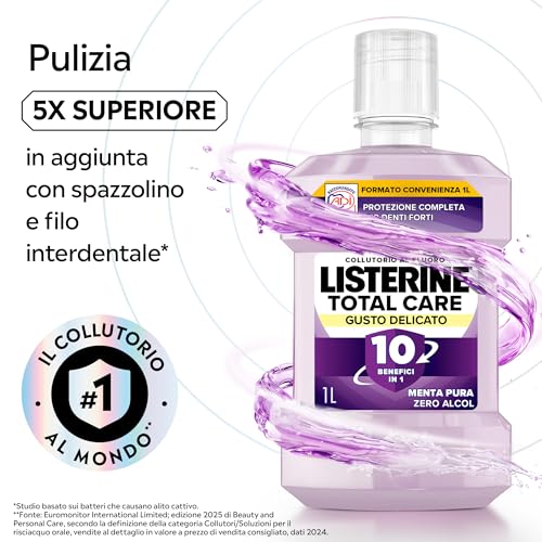 LISTERINE Total Care, Collutorio 0% alcol al gusto di Menta Pura, Collutorio senza alcool con 10 benefici in 1 per una protezione completa, denti più forti e un'igiene orale completa, 1L - Immagine 2