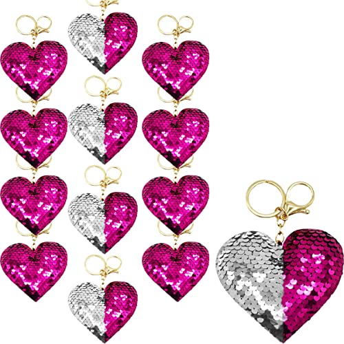 Flip Sequin Heart Keychains (12 Pack) - Bulk Class Valentines Day Gifts for Kids Classroom Bulk, Valentines Party Favors by 4E's Novelty