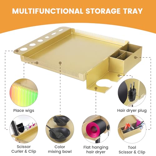 Image of Salon Senor Gold Salon Rolling Tray Hair Extension Tray Cart | Iron material,for salon use,height adjustable,movable with wheels,with storage box and hair separator clip