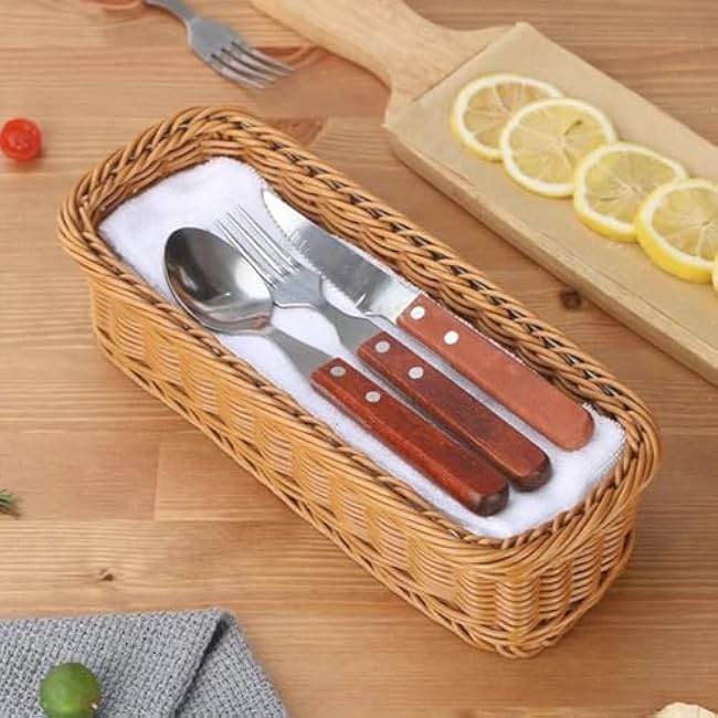 Cabilock 2pcs Wicker Cutlery Basket Rectangular Woven Baskets Bins Rattan Woven Utensils Holder Cutlery Organizer Holder for Countertop Chopsticks Storage Bucket