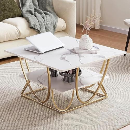 Image of Square Coffee Tables Accent Center Table Sofa Side Tea Table with 2-Tier Storage for Living Room Office Desk Balcony Wood Desktop and Metal Legs (Square Golden White)