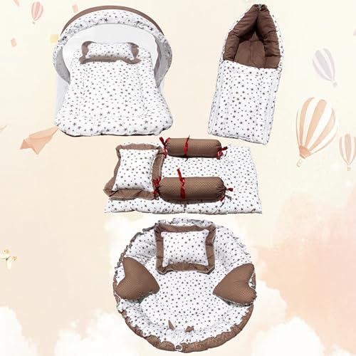 Image of CUSTOMARY New Born Baby Sleeping Bag, Baby Mosquito Net, Reversible Round Bed Tub and Gadda Bedding Set for 0-6 Months Pack of 4