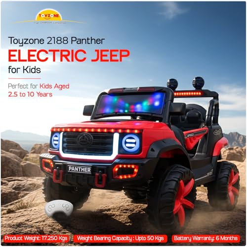 Image of Toyzone Panther Electric Jeep (Red) | 12V Rechargeable Ride on with 5Ah Battery | Music Player with BT, USB & AUX | Smooth Acceleration | 6M Battery Warranty | Age 3-10 Years, Upto 50 kg