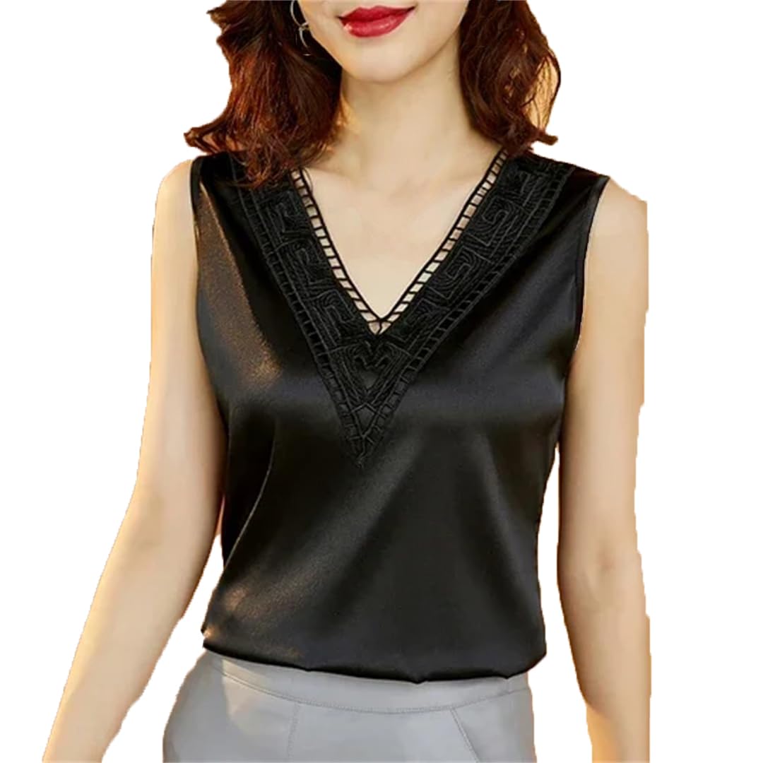 Camicetta da donna in raso con elastico in pizzo senza maniche con scollo a V