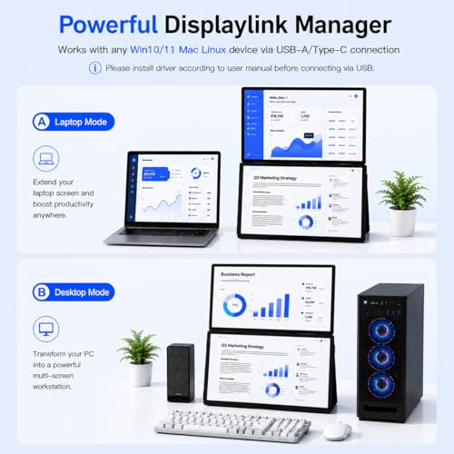Image of 18.5'' Portable Dual Monitor, One Cable Laptop Screen Extender, FHD 1080P 100Hz Type-C USB-A HDMI, Folding Stacked Triple Monitor Built-in Stand Speakers for Laptop Desktop Windows Mac(Driver Need)