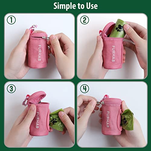 Image of FURHAB Dog Poop Bag Holder for Leash Doggie Waste Bag Dispenser Soft Fabric Puppy Potty Carrier Small Doggy Zipper Pouch with Carabiner Clip 1680D Nylon Oxford with 1 Roll of Pet Trash Bags, Pink