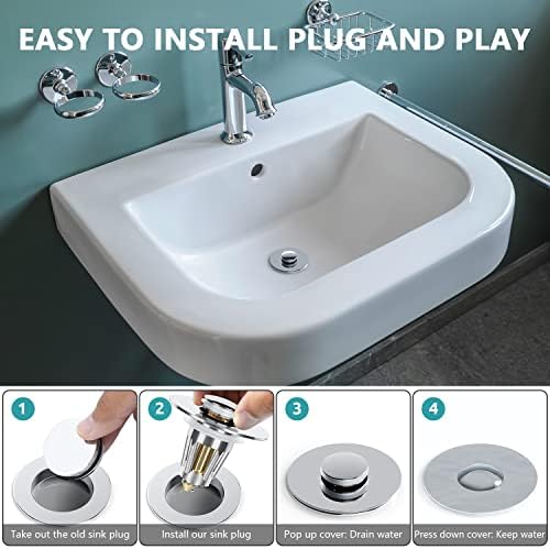 JIRVY Universal Bathroom Sink Plug Pop Up Sink Strainer Stopper for 28-38mm Drain Holes, Stainless Steel No Overflow Filter with Hair Catcher Bounce Core Push Type, for Kitchen and Bathroom (1 Pack)