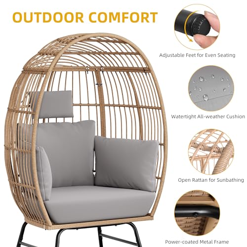 DWVO Outdoor Egg Chair with 2-in-1 Footrest, Patio Wicker Basket Chair with Ottoman, Indoor Egg Chairs with Cushion, Boho Cocoon Chair for Outside, Bedroom, Grey