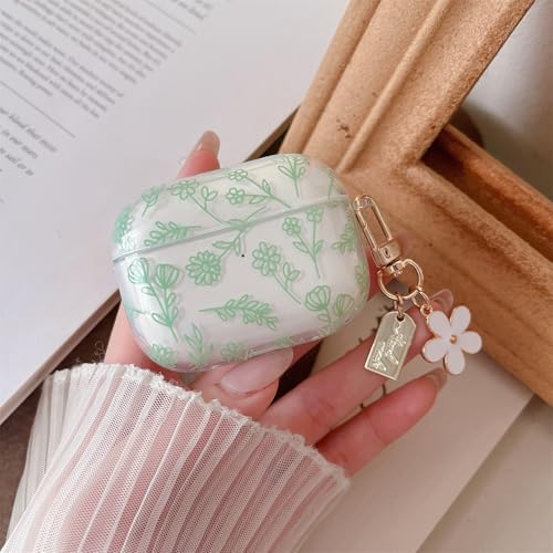 Image of MINSCOSE Compatible with AirPods Pro2 Clear Case,Cute Flower Floral Aesthetic Design with Flowers Keychain, Soft TPU Protective Shockproof Case for Women Girl for Airpods Pro2-Green