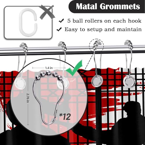 Image of Japanese Shower Curtain Japan Anime Asian Black and Red Shower Curtains for Mens Bathroom Decor Sets, Waterproof Cloth Fabric with Hooks, 72x84 Inch