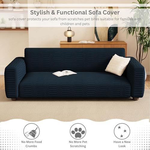 Image of Lukzer 1 Seater Pastel Marine Blue Dotted Stripe Pattern Sofa Cover | 240 GSM Universal Stretch Fit Jacquard Fabric Couch Protector | Fully Covered Anti Slip & Washable Sofa Cover (SC-134-01 /90-140cm)