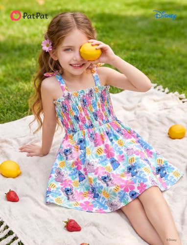 Image of Disney Princess Frozen Elsa Minnie Stitch Toddler Girl Dress Bow Tie Straps Smocked Summer Outfit Birthday Party Clothes 2-9Y