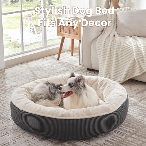 Image of 45 inches Donut Dog Bed for Extra Large Dogs,Calming Round Pet Bed with Removable & Washable Cover, Plush Faux Fur & Corduroy, Fits up to 100 lbs Pets(Dark Grey,XL)
