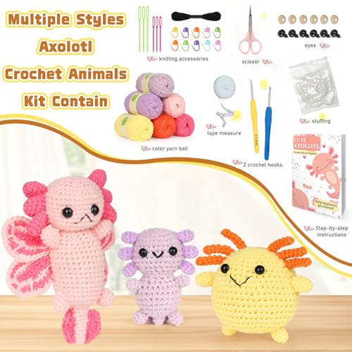 Image of Katech Axolotl Crochet Kit for Beginners, Crochet Starter Kit for Adult Learn to Crochet Animals Kit w /Step-by-Step Instructions, Knitting Set with Enough Yarn for Beginner- 3 Style