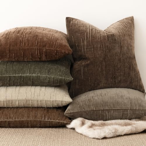 Image of Foindtower Pack of 2 Slubby Textured Chenille Throw Decorative Pillow Covers Square Accent Solid Cushion Cover Cozy Soft Farmhouse Pillow Case for Couch Sofa Bedroom Living Room 24x24 Inch,Dark Brown