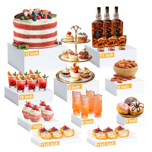 10 Pcs Large Acrylic Buffet Risers, White Food Display Stands for Buffet, Dessert Table, Jewelry, and Catering, Stackable Food Risers with Hollow Bottoms, Nesting Cube Box (12