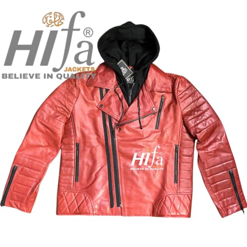 Image of Men's Red Leather Jacket: Genuine Sheepskin Retro Biker with Lapel Collar & Hood - Vintage Distressed Style