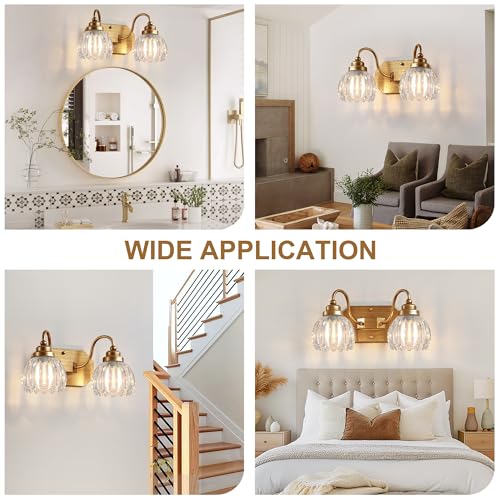 Image of Vintage Gold Bathroom Light Fixtures,2 Light Tulip Crystal | Brushed Gold Vanity Lights,Matte Antique Brass Finish, Mid Century Style,Wall Sconces for Bedroom, Hallway, Easy To Install
