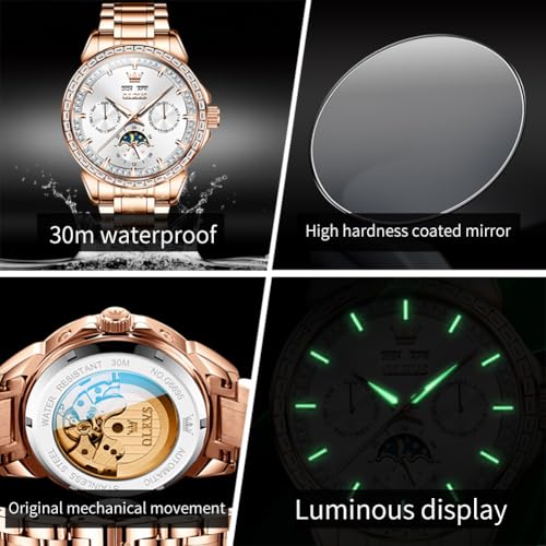 Image of OLEVS Automatic Men Watch Self Winding Mechanical Luxury Dress Moon Phase Stainless Steel Waterproof Luminous Calendar Wrist Watch