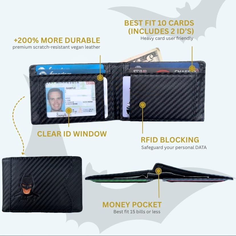 Image of Leather Bat ID Wallet for Men - Stylish Superhero Design, Durable Bifold Rfid Wallet with Multiple Card Slots and Cash Compartment - Gift for Father's Day or Birthdays (1PCS) (Carbon Fiber - 10 Slots)
