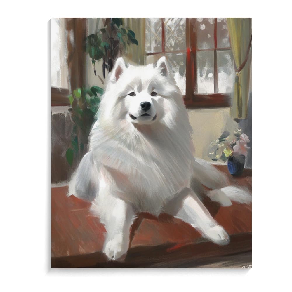 DIY Paint by Numbers Samoyed Dog on Canvas Painting Kits for Adult, Beginner Oil Painting Kits Gift 12x16inch(30x40cm) Frameless