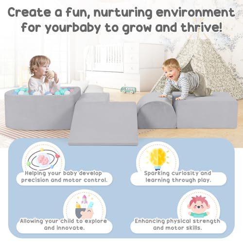 Image of whiffee Climbing Toys for Toddlers 1-3, Foam Climbing Blocks with Ball Pit | Toddler Climbing Toys Indoor, Baby Climbing Crawling Toys, Soft Play Set (No Balls Included) (Grey)