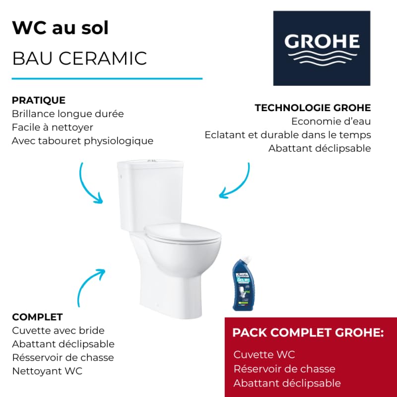 WC à poser sans bride GROHE Bau Ceramic avec abattant frein de chute declipsable + nettoyant Briochin