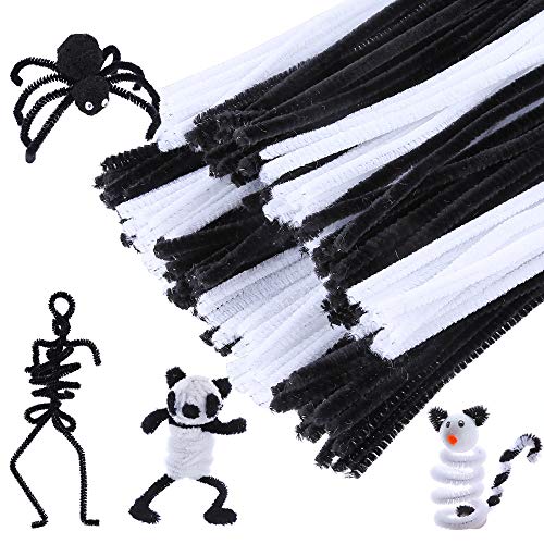 Caydo 200 Pieces Black and White Pipe Cleaners Chenille Stem 6 mm x 12 Inch, Smooth Processing at Both Ends, Safe and Humanized Design for DIY Art Craft Decorations