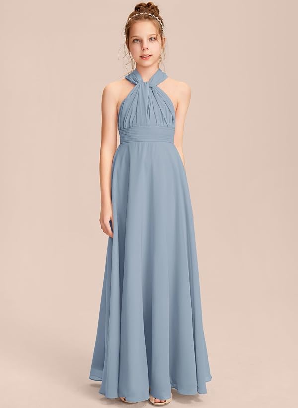 Kismissal Halter One Shoulder Junior Bridesmaid Dress V Neck Floor Length Flower Girl Dresses for Wedding Teen Girls Party Dusty Blue by Kismissal - Used condition - Image 5