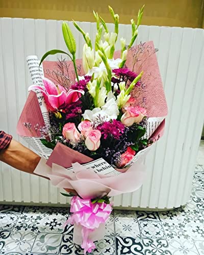 Image of Oasis Cellophane Sheets For Multipurpose Gift-Hamper Packaging 58x58cm, 20 Sheets, 50 Microns Flower Wrapping Double Side Pink & News Paper Print