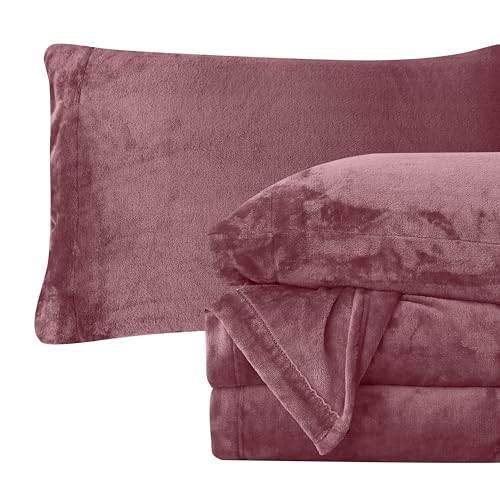 Elegant Comfort Luxuriously Soft 4-Piece Velvet Plush Flannel Sheet Set - Premium Quality - Cozy Warm, Anti-Static, Non Pilling Fuzzy Velvet Flannel Fleece Deep Pocket Sheet Set - Full, Rose