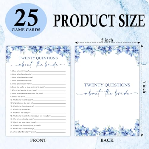 Image of Twenty Questions About The Bride Games, 25 Blue Floral Wedding Shower Game Cards Set, Engagement Party Game for Guests, Wedding Games for Reception, Minimalist Marriage Party Supplies-07