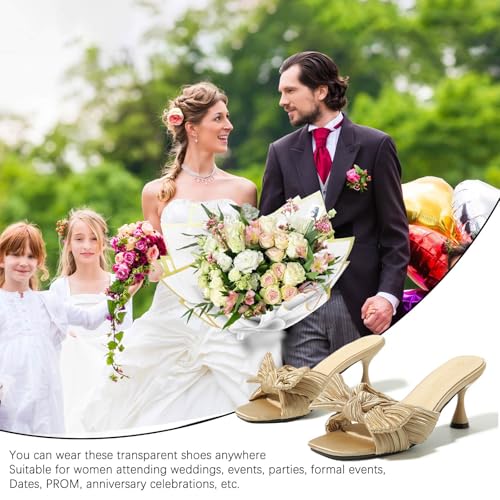 Heiyom Women's Bowknot Low Stilettos Heels Mules Sandals Slip on Pleated Bow Heels Wedding Bridal Party Dress Shoes4