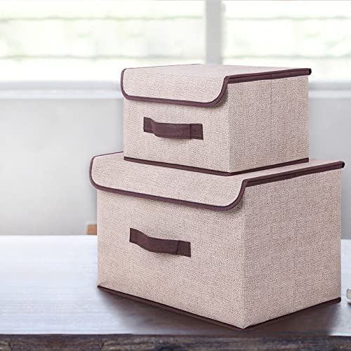 Image of wolpin Set of 2 Storage Basket Bins Non-Woven Wardrobe Closet Organizer Foldable Drawer Rectangular Stackable Box /Bins with Lid & Handle, Khaki