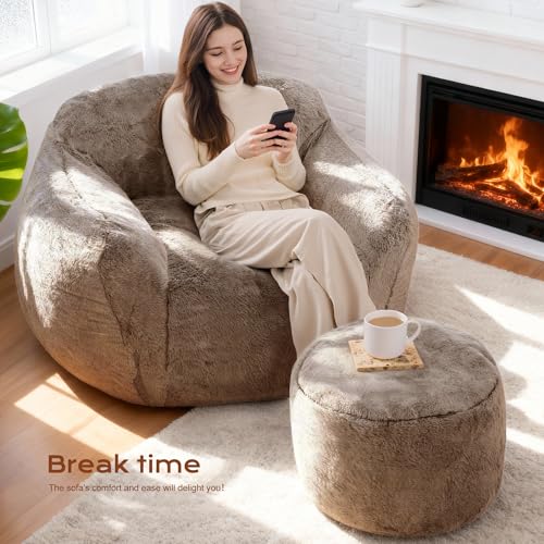 Image of Homguava Giant Bean Bag Chairs for Adults,Large Bean Bag Couch with Ottoman | Big Beanbag Chair with Memory Foam Filled,Oversized Bean Bag Sofa,Faux Fur Floor Sofa Chair for Bedroom Living Room-Khaki