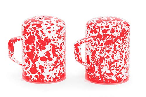 Enamelware Salt and Pepper Shaker Set, 11 ounce, Red/White Splatter