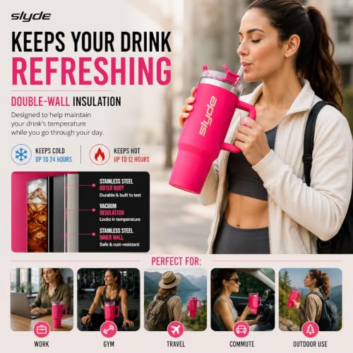 Image of Slyde 1200ml Stainless Steel Insulated Tumbler with Handle | Double Wall Vacuum Travel Mug | Leakproof Lid | Includes 2 Straws (1 Stainless Steel & 1 Plastic) Hot Pink