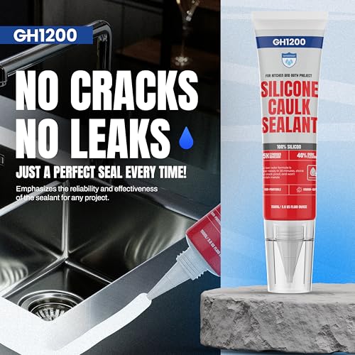 GH1200 White Silicone Sealant - 150 ML/5 FL Oz Waterproof Sealant for Kitchen & Bathroom - Shrink & Crack Proof Silicone Caulk - Indoor & Outdoor Use Sealant - Strong Formula Silicone Adhesive Tube