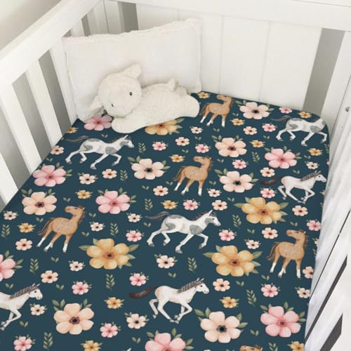 Image of Watercolor Horse Floral Baby Crib Sheets 52''x28'' Cute Horses Boho Retro Flowers Navy Fitted Crib Mattress Cover for Boy Girl Soft Nursery Baby Bed Sheets for Standard Size Crib and Toddler Mattress